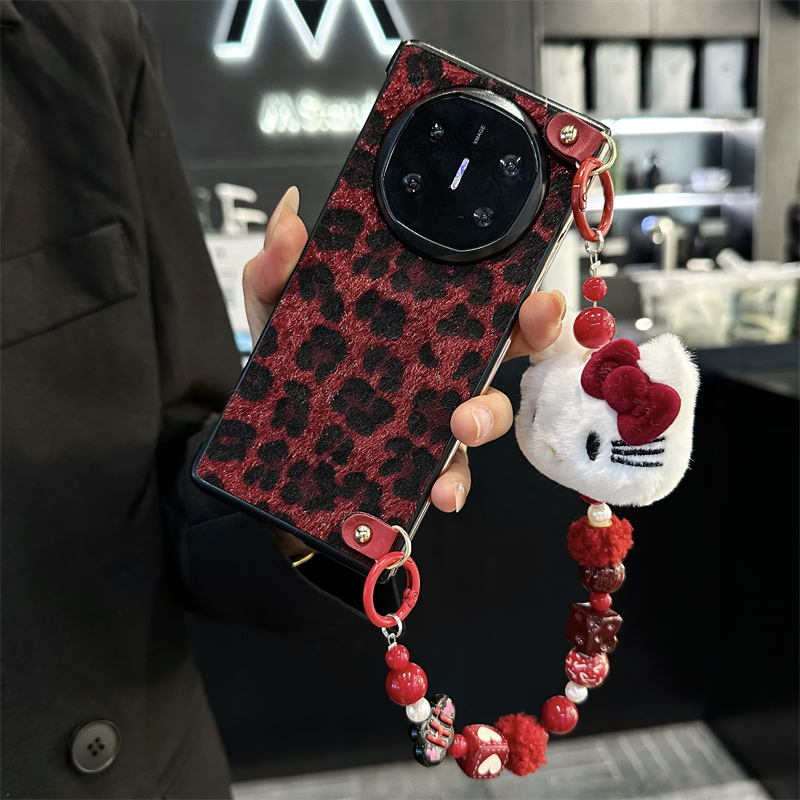 磁吸无线充电酒红豹纹折叠手机壳