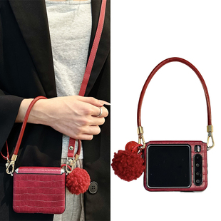 悦皇酒红格纹适用于华为PuraX全包护中轴折叠手机壳pocket2鳄鱼皮翻盖保护套novaflipS斜跨挂绳手提p50毛绒球