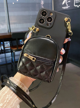 悦皇黑色零钱包适用于vivox90斜挎手机壳女x70/x80潮牌菱格x60背带挂绳x50Pro防摔软x30插卡x27/x23/x21背包