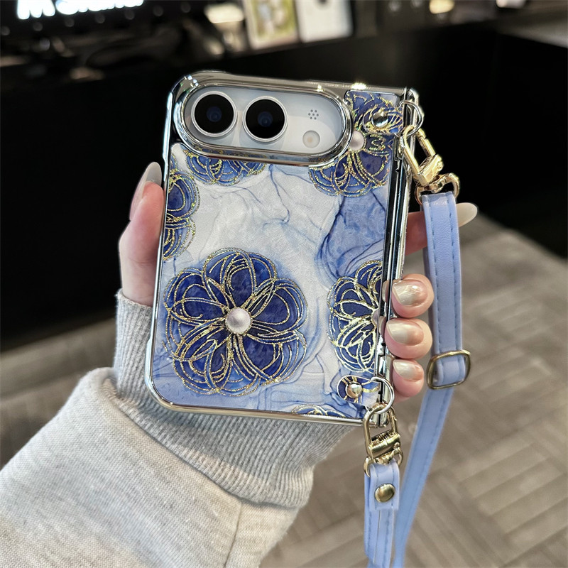 悦皇烫金线茶花适用于iPhone Duo折叠屏手机壳全包中轴前框油画花纹苹果Duo斜挎带挂绳手提珠翻盖保护套dou新