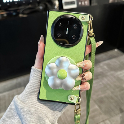 磁吸绿色花朵支架折叠手机壳