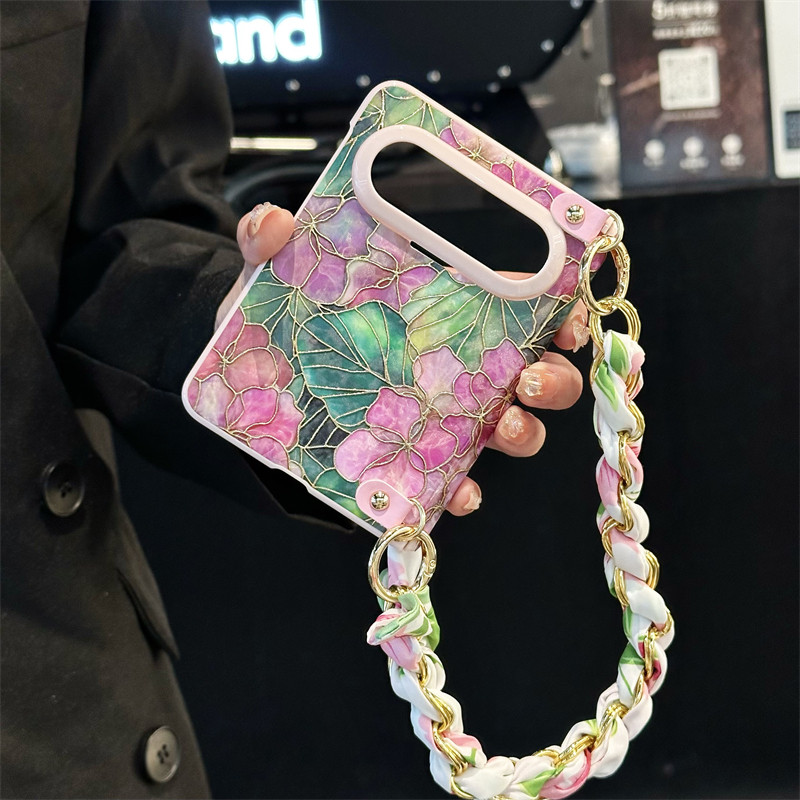 悦皇烫金粉花绿叶适用于华为PuraXMax阔折叠手机壳铰链全包双中轴磁吸边puraxmax带前框保护套斜挎绳手提丝巾