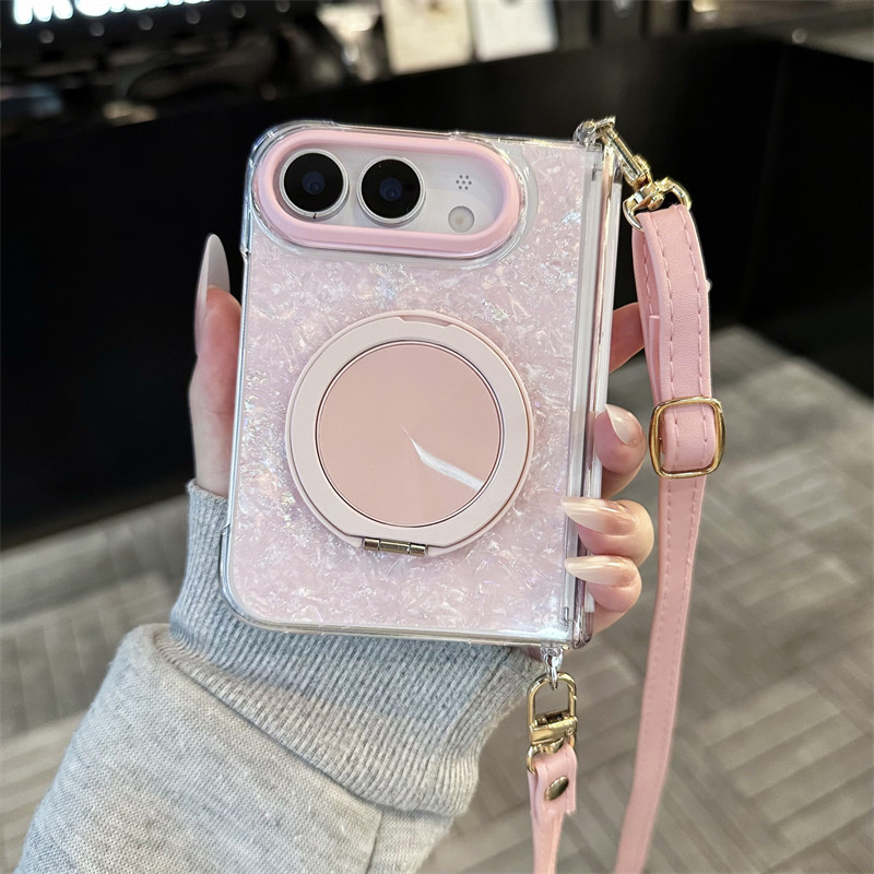 悦皇适用于iPhone Duo折叠手机壳磁吸全包中轴带前框粉贝壳纹支架苹果Duo翻盖保护套斜挎挂绳手提无线充dou新