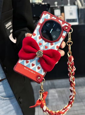 悦皇菱格爱心适用于荣耀Magicv5折叠手机壳magicv3秋冬毛绒山茶花蝴蝶结magicVS2手提丝巾VS3斜挎绳V5酒红壳