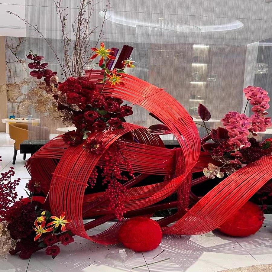 新疆西藏包邮520情人节竹编艺术美陈摆件橱窗竹条红编织花艺婚礼
