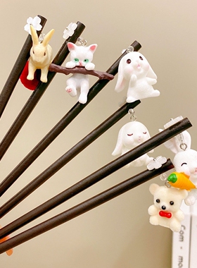 发簪古风檀木兔子新中式