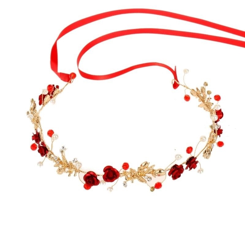 新娘红色礼服头饰玫瑰合金发带结婚饰品耳环发饰两件套手工配饰品