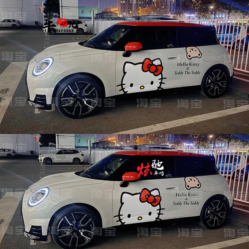 适用宝马mini cooper J01赛车手卡通Kitty猫车贴纸 F55R6可爱拉花