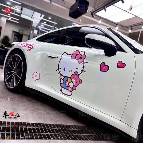 适用保时捷911 718个性卡通kitty猫装饰车贴纸 特斯拉3Y机盖拉花