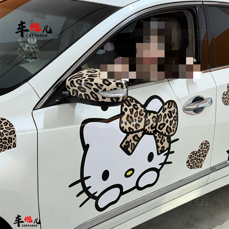 适用本田雅阁思域个性卡通豹纹kitty猫车贴纸 特斯拉3Y凯美瑞拉花