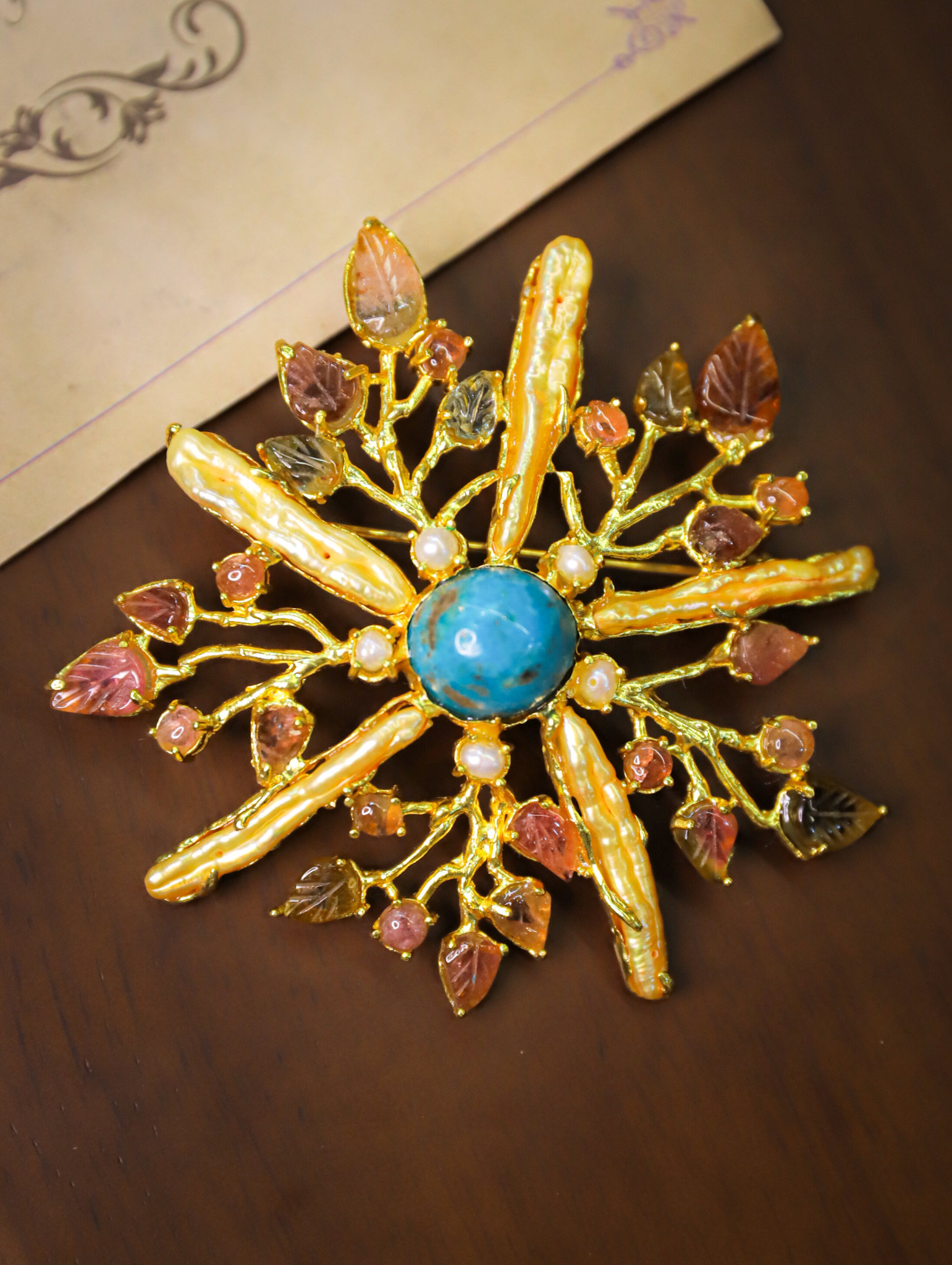 伦巴第亚vintage意大利纯银镀金天然巴洛克珍珠浮雕胸针吊坠