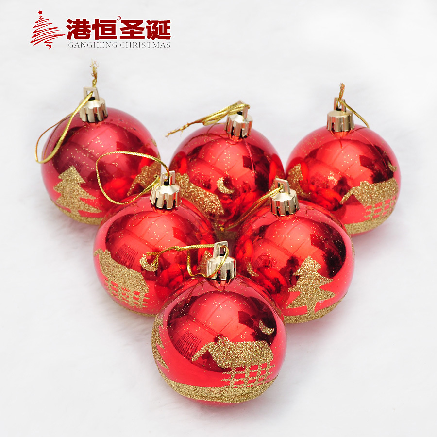 新款圣诞球挂件6cm塑料彩球圣诞树用品装饰盒装亮光吊球雪松图案