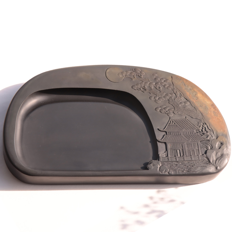 明月松间照非遗歙砚水坑金晕纹俏色雕刻文房四宝砚台孤品收藏礼品一图一物手工制砚灵魂作品精雕细刻