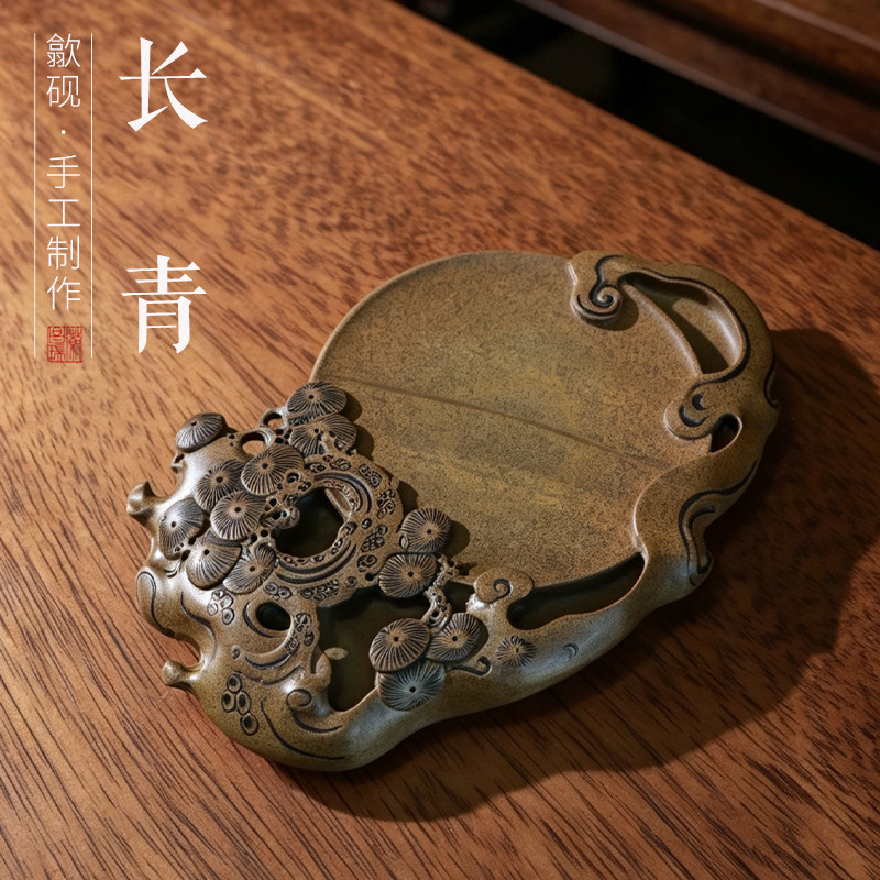 一图一物非遗歙砚名家砚雕长青老坑天然涟漪水纹黄鱼子歙砚文房四宝砚台ZX342