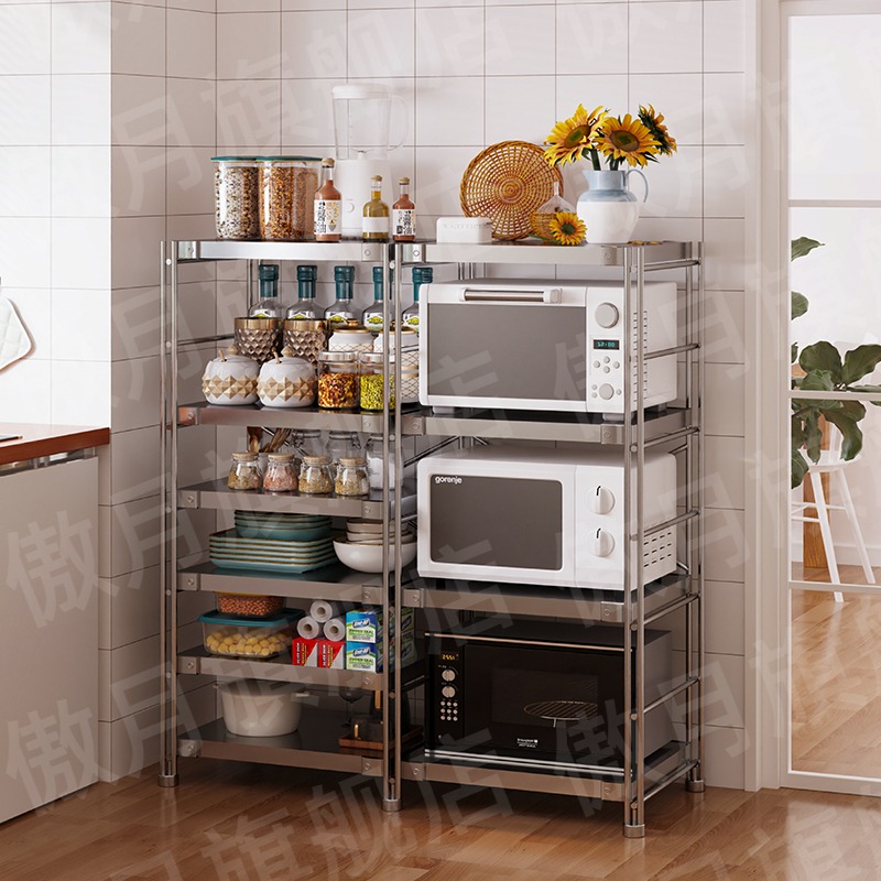 厨房不锈钢置物架落地多层家用货架可定制304不锈钢微波炉收纳层