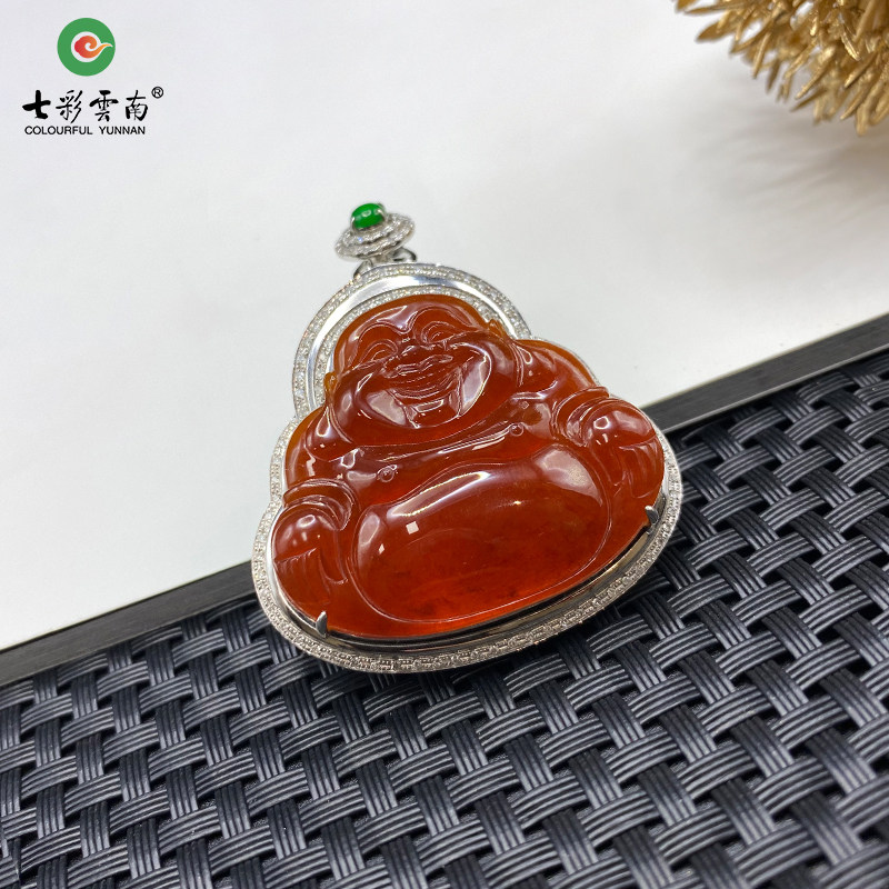 七彩云南缅甸A货天然翡翠18K金镶嵌红翡色翡翠佛一物一证支持复检