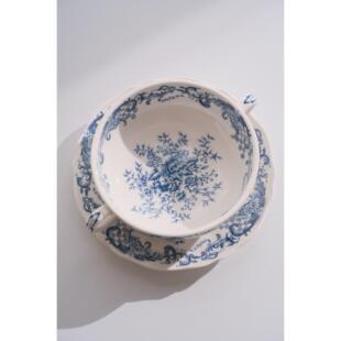 法瓷著名VB器型 出口中古兰花双耳碗碟套装覆古白瓷青花咖啡杯