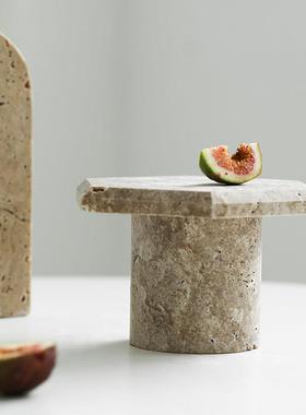 侘寂风创意黄洞石装饰摆件复古欧式收纳托盘高脚置物盘蛋糕水果盘