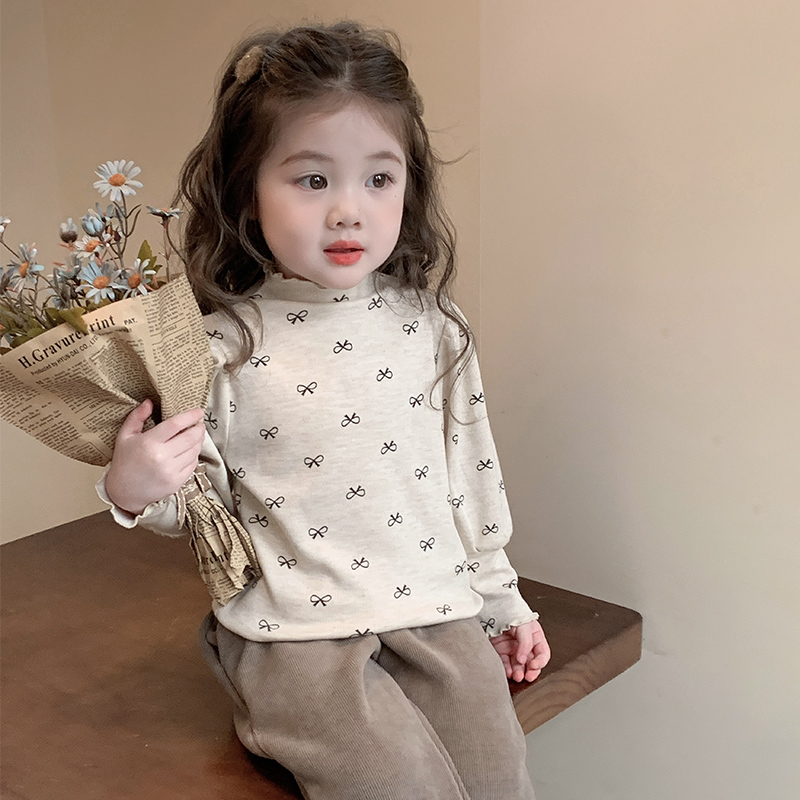 女童打底衫2025新款秋冬季女宝宝蝴蝶结薄绒款式加绒加厚双色保暖