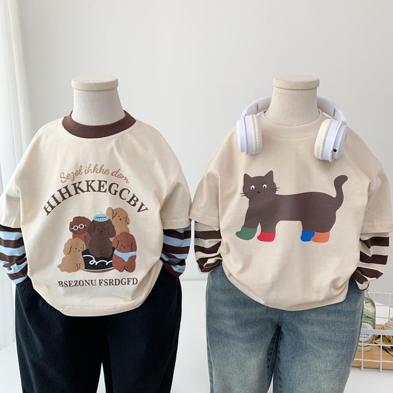 圆领假两件新款儿童休闲男童秋装长袖打底衫2025卡通T恤春秋上衣t