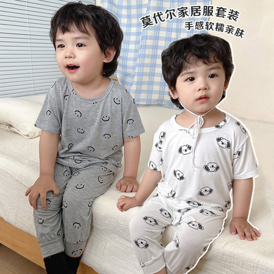 莫代尔儿童棉空调服夏季宽松薄款柔软女童男童宝宝睡衣家居服潮
