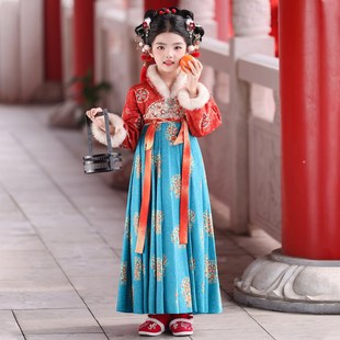 古风女童汉服冬装加绒2025新款国风儿童襦裙红色连衣裙拜年服套装