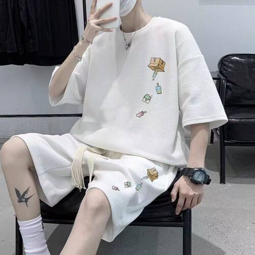 一套华夫格大码t恤套装男夏季短袖短裤两件套休闲运动时尚搭配12