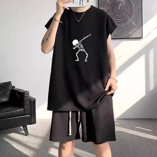 大码时尚套装男华夫格夏宽松运动背心新款短裤搭配一套潮流衣服