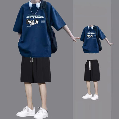 新款短袖t恤套装男夏薄款一套青少年卡通印花休闲短裤两件套潮12