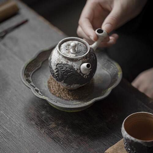 复古老岩泥壶承干泡盘功夫茶具中式花瓣果盘蓄水茶盘配件