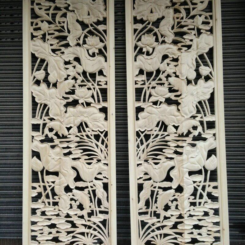 荷花鱼电视背景木制工艺品加工东阳木雕小工艺品手工艺品