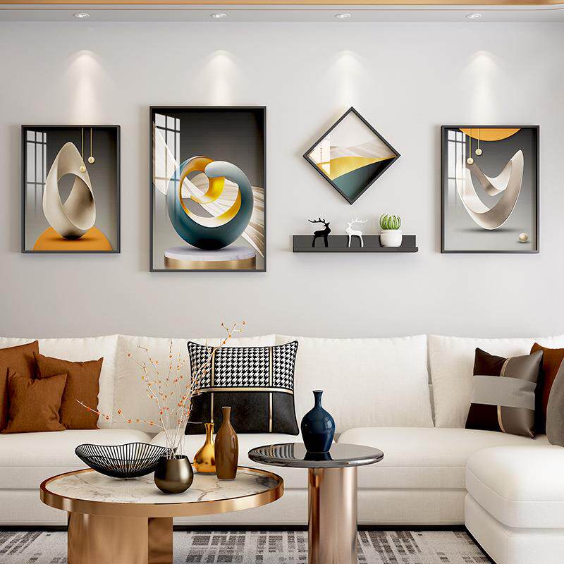 新中式客厅4框晶瓷光影几何PS金装饰画置物架组合金属画框