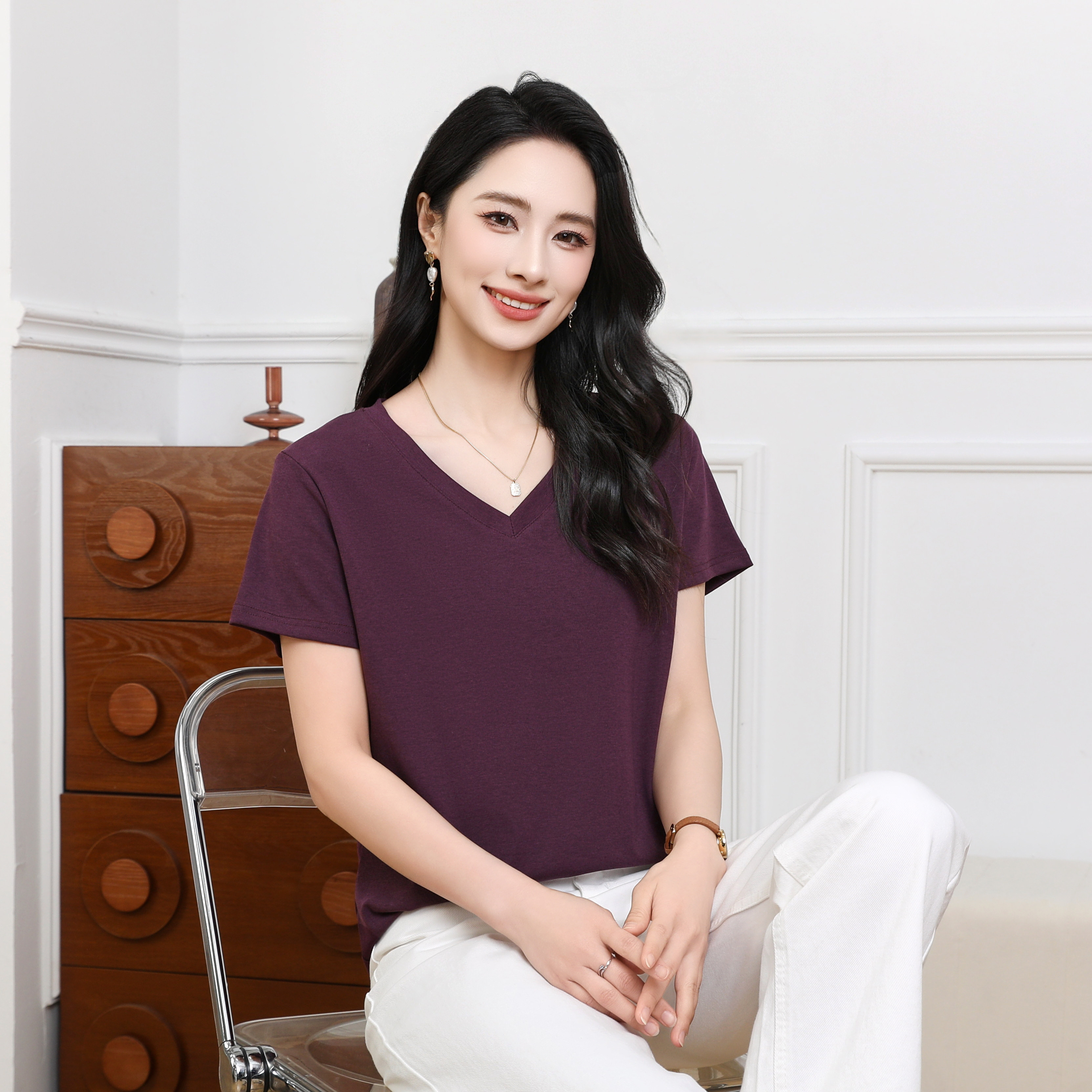 腾坊莱赛尔天丝棉V领短袖T恤女士夏季显瘦百搭休闲上衣729