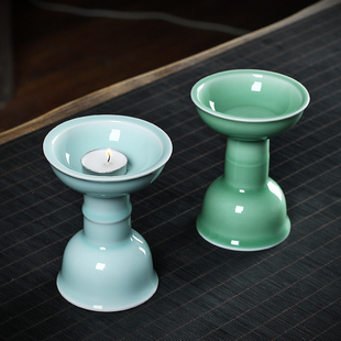 青瓷烛台陶瓷佛供灯家用龙泉蜡烛台酥油灯盏蜡台佛前竹节供佛灯座