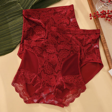 洁韵朵本命年红色内裤女性感蕾丝大码收腹提臀7A抗菌裆新年礼物秋