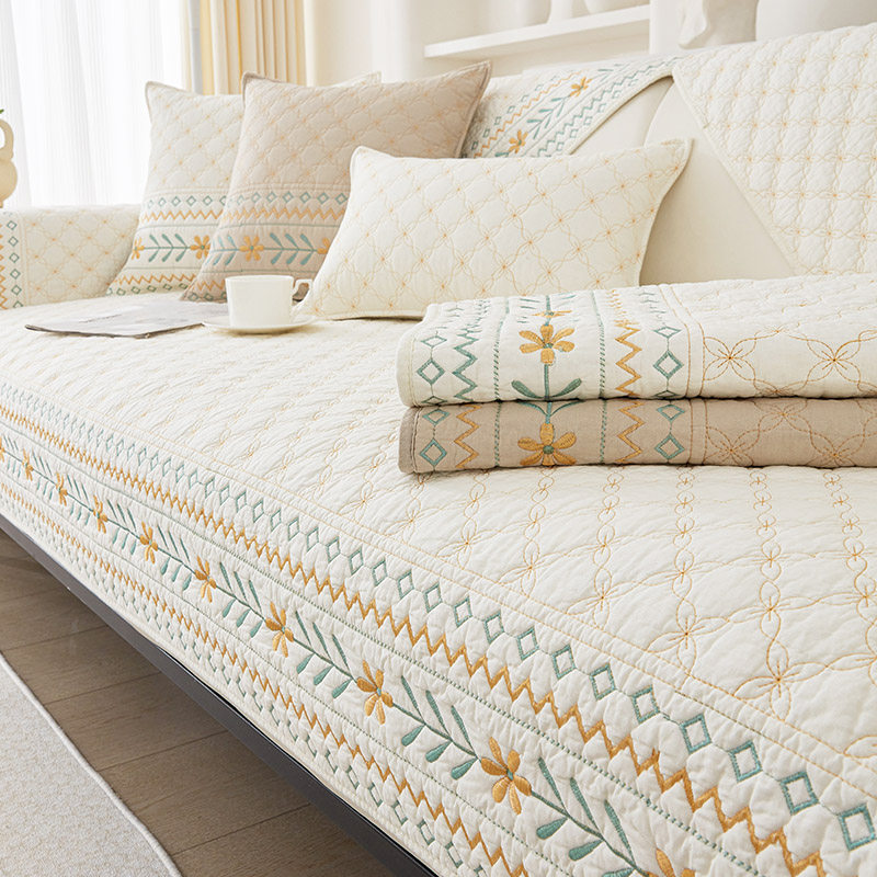 纯棉四季通用沙发垫防滑布艺简约北欧坐垫小清新奶油色皮沙发盖巾