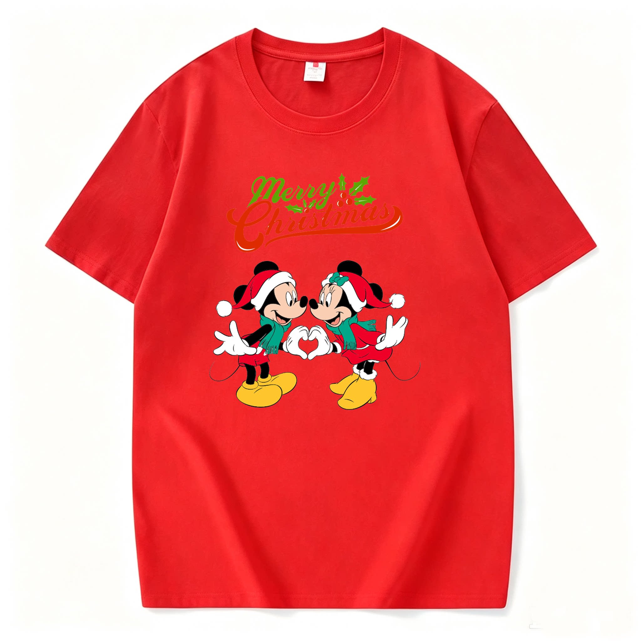 Merry Christmas 圣诞节米老鼠印花圣诞短袖休闲圆领纯棉T恤