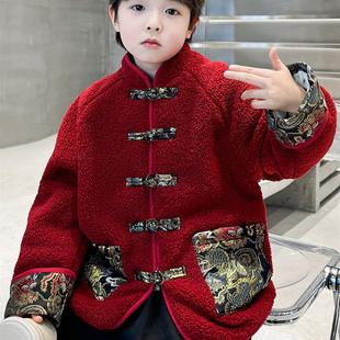 男孩新年贺词红丝绒夹克2025新儿童秋冬出生新年唐装宝宝汉代