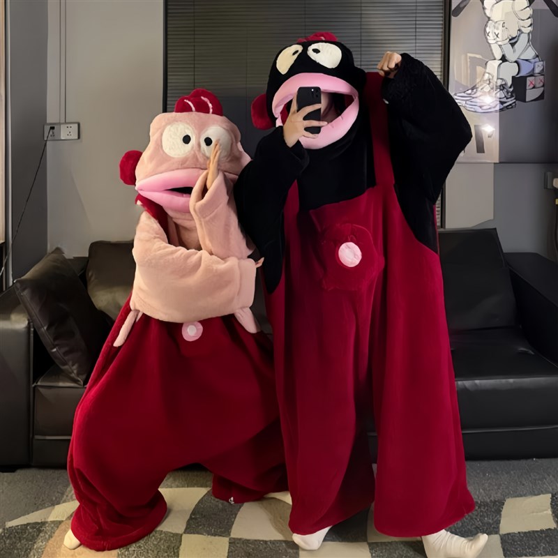 丑鱼连体睡衣搞怪大嘴鱼情侣毛绒家居服珊瑚绒可爱连帽睡袍冬加厚