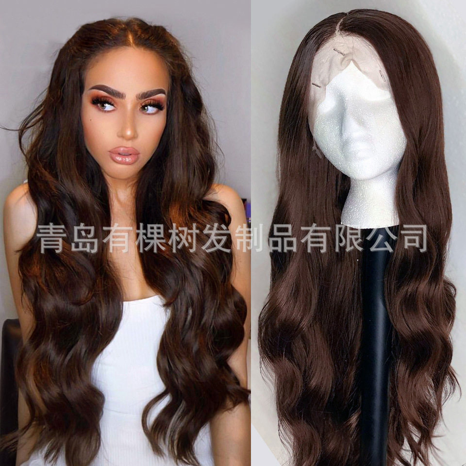 欧美女士 假发 化纤前蕾丝中分棕色长卷发哑光高温丝头套厂家直营