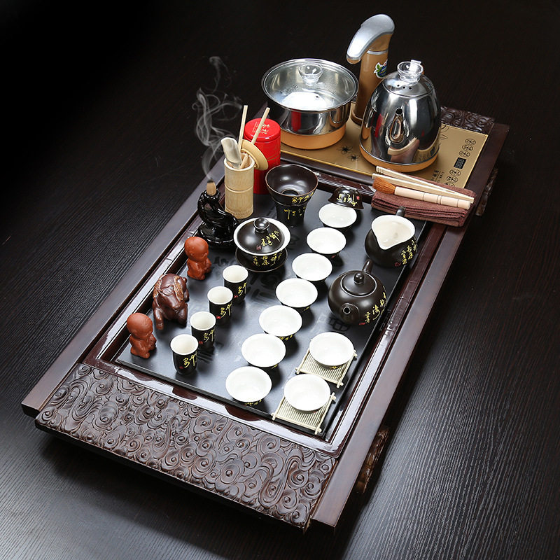 整套家用客厅紫砂功夫陶瓷茶具套装实木茶盘茶具祥云万福茶盘套装