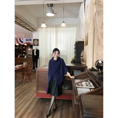 黄亮Elovey Vintage紫色荡领蝙蝠袖一颗扣开衫毛衣女早秋百搭