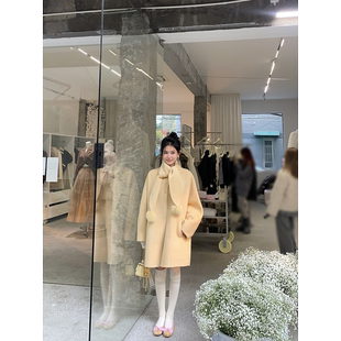 黄亮Elovey【黄油芝士】天丝绵羊毛嫩黄双面呢中长款大衣/含围巾