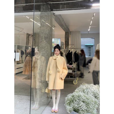 黄亮Elovey【黄油芝士】天丝绵羊毛嫩黄双面呢中长款大衣/含围巾