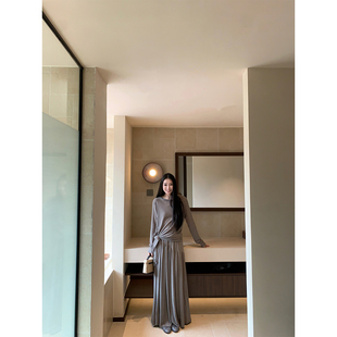 慵懒舒适上衣腰部系带＋长款 半裙套装 00pm 黄亮Elovey