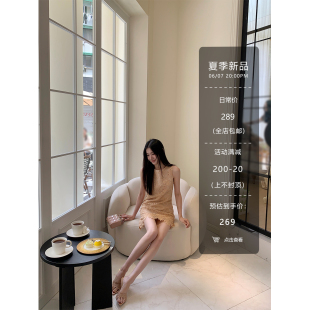 黄亮Elovey 古早千金-立体镂空花卉圆领无袖收腰连衣裙气质显瘦