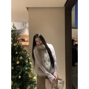 黄亮Elovey 百搭外套 定染高级清冷灰100山羊绒皮草马甲背心女冬季