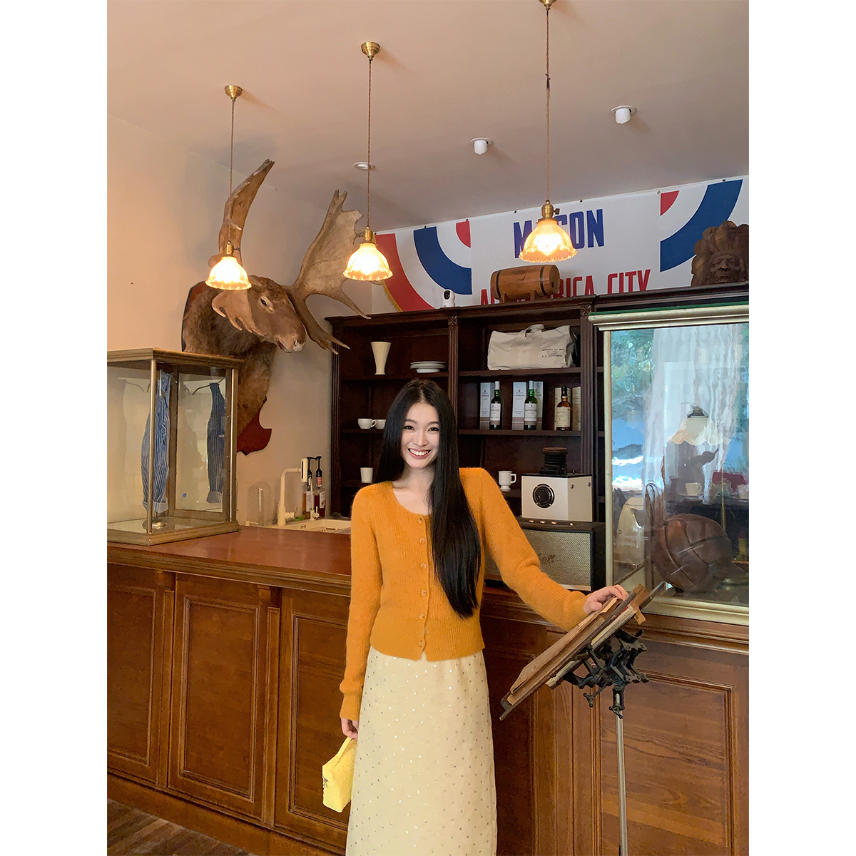 黄亮Elovey“秋日圆舞曲”马海毛美丽奴羊毛黄色圆领开衫B03-2