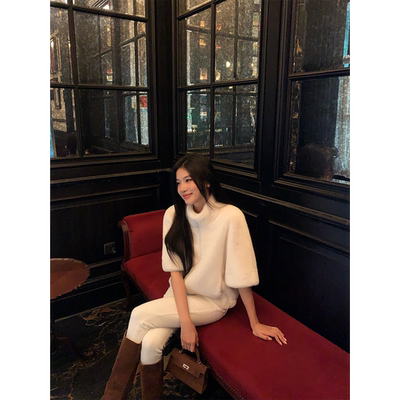 黄亮Elovey少女小千金感立领拉链中袖防风仿貂毛环保毛毛短款外套