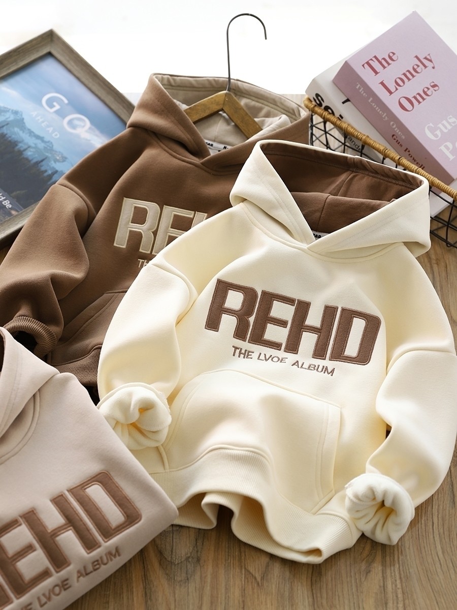 男童加绒卫衣连帽秋冬打底衫2023新款儿童刺绣字母一体绒保暖上衣